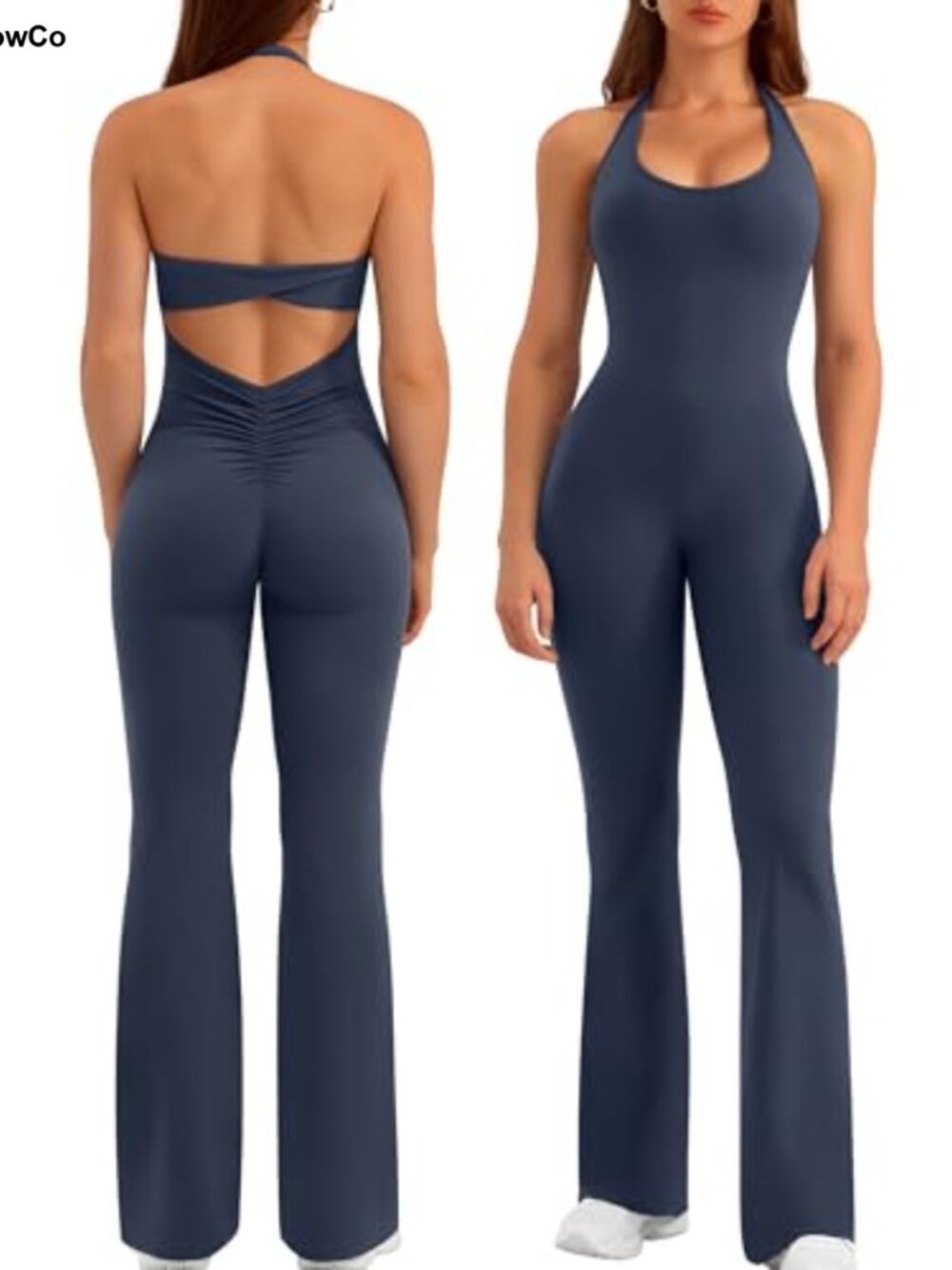 Relety Womens Flare Jumpsuit One Piece Halter Butt Scrunch Workout Romper